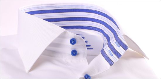 White shirt with blue and white striped collar and cuffs