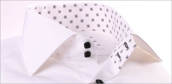 White shirt with black square patterns collar and cuffs