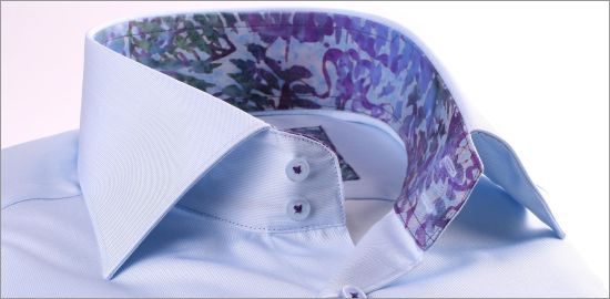Light blue french cuff shirt with blue and purple patterns collar and cuffs