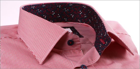 Red and white striped shirt with red and navy blue patterns collar