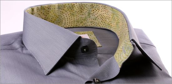 Grey and white stripes shirt with green patterns collar and cuffs