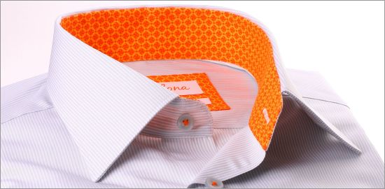 White and grey stripes shirt, orange patterns collar and cuffs