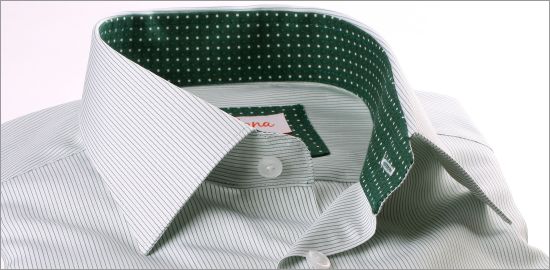 White with thin green stripes shirt, white dots on a green background collar and cuffs