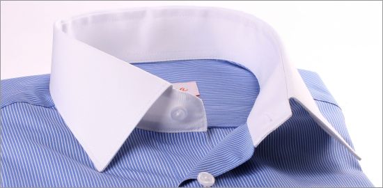 Blue with thin white stripes french cuff shirt with white collar and cuffs