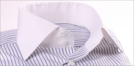 White shirt with navy blue stripes, white collar and cuffs