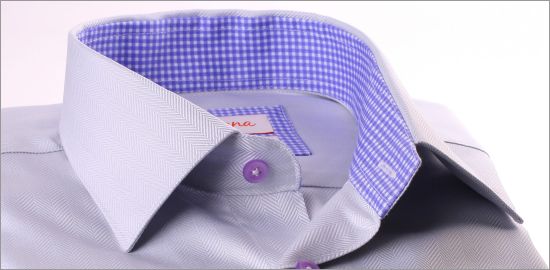 Light grey shirt with white and lilac gingham collar and cuffs
