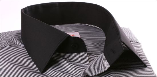 Thin white and black stripes shirt with black collar and cuffs