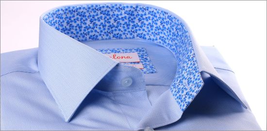 Blue shirt with thin white stripes, blue floral collar and cuffs