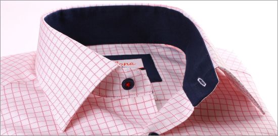 Red and white checkered shirt with navy blue collar and cuffs