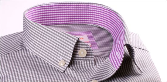 Grey and white checkered shirt with lilac checkered collar and cuffs