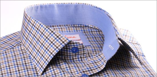 Blue, brown and beige checkered shirt with blue collar and cuffs