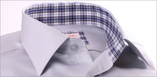 Light grey shirt with blue and white checkered collar and cuffs