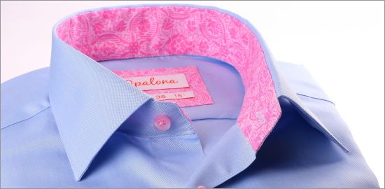 Blue shirt with pink pattern collar and cuffs