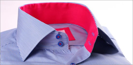 Dark blue and white stripe shirt with fuchsia collar and cuffs