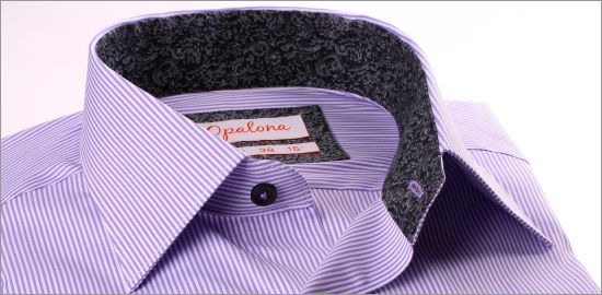 Lilac and white sripe shirt with drak grey pattern collar and cuffs