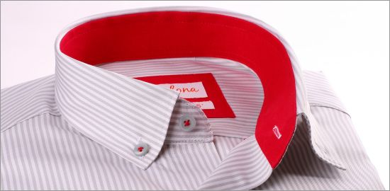 Light grey and white stripe shirt with raspberry collar and cuffs