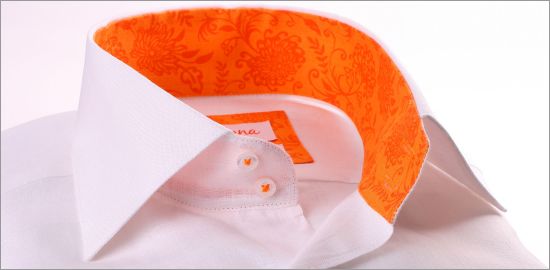 White linen shirt with orange collar and cuffs