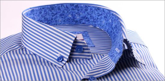Medium blue and white stripe shirt with blue pattern collar and cuffs