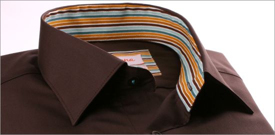 Brown shirt with blue, brown and ochre stripe collar and cuffs