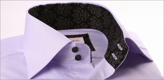 Lilac shirt with black and grey pattern collar and cuffs