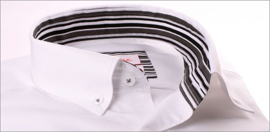 White shirt with white, grey and black striped collar and cuffs