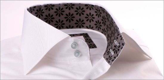 White french cuff shirt with a grey and black floral collar