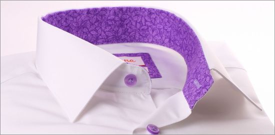 White shirt with purple pattern collar and cuffs