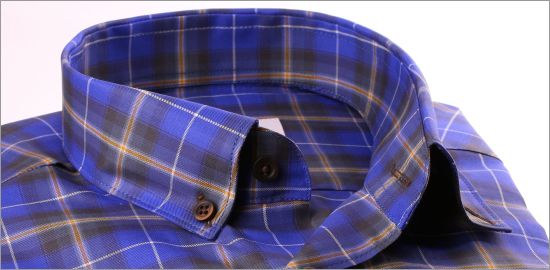 Purple, yellow and brown checkered button-down shirt