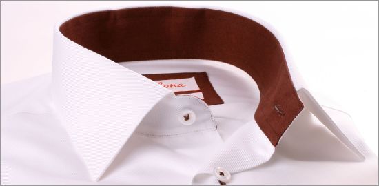 White shirt with plain brown collar and cuffs