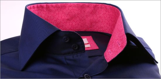 Navy blue shirt with pink pattern collar and cuffs