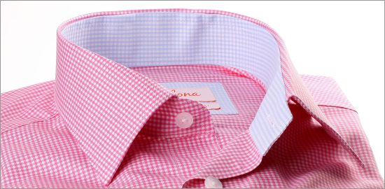 Dark pink gingham shirt with light blue gingham collar and cuffs