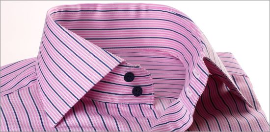 Navy blue, pink and white striped shirt with navy blue buttons