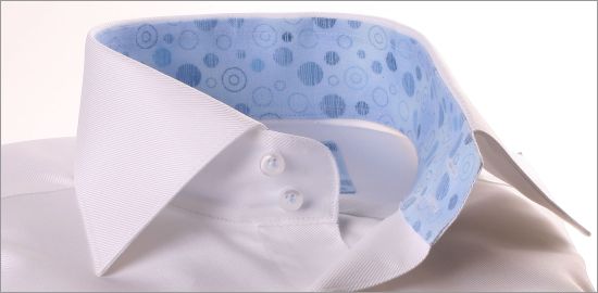 White french cuff shirt with blue circular pattern collar and cuffs