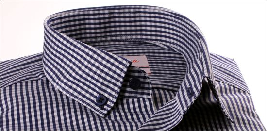 Navy blue and white gingham button-down shirt