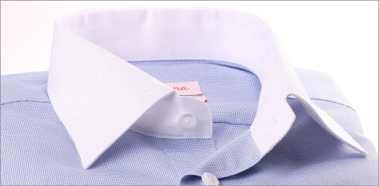 White and blue houndstooth shirt with white collar and cuffs