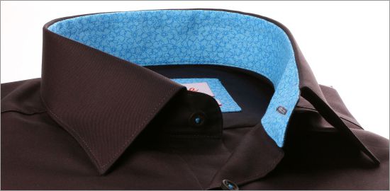 Brown shirt with blue floral pattern collar and cuffs
