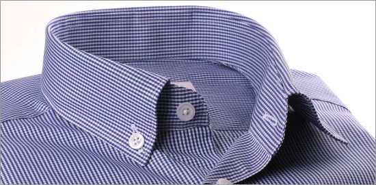 Navy blue and white gingham shirt with a button-down collar
