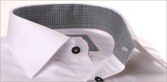 White shirt with grey zig zag pattern collar and cuffs