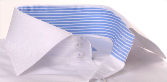 camisa de espina de pescado blanco con cuello y puños de la raya azul