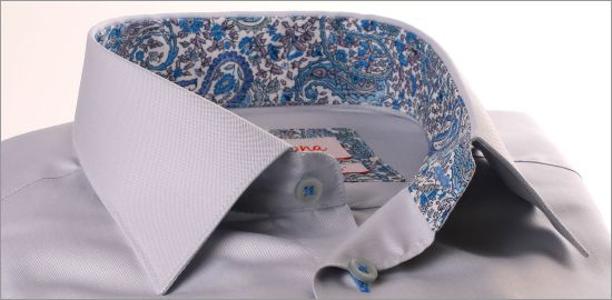 LIght grey shirt with blue paisley collar and cuffs