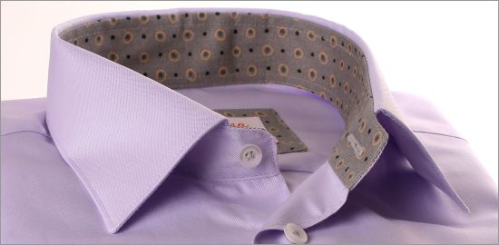 Lilac shirt with grey dot collar and cuffs