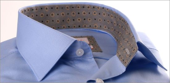 Blue shirt with grey dot collar and cuffs