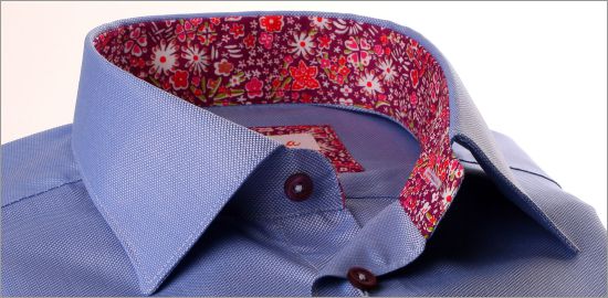 Blue shirt with purple floral collar and cuffs