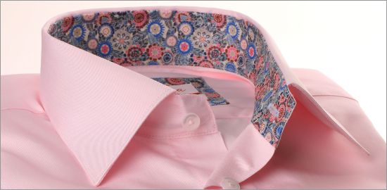 Pink shirt with multicolor patterned collar and cuffs