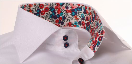 White shirt with red and purple floral collar and cuffs