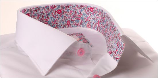 White shirt with pink floral collar and cuffs