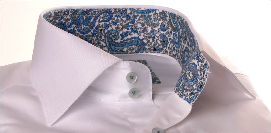 White shirt with blue arabesque collar and cuffs