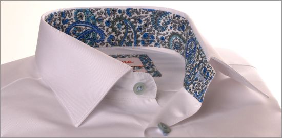 White shirt with blue arabesque collar and cuffs