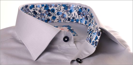 Light grey shirt with blue buds collar and cuffs