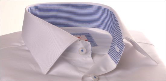 White shirt with blue striped collar and cuffs